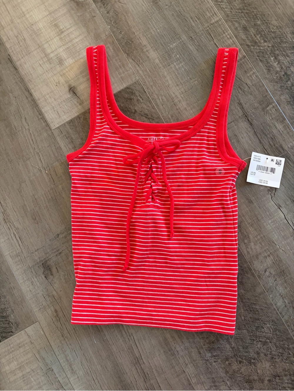 American Eagle Outfitters Red and White Striped Lace-Up Rib Tank